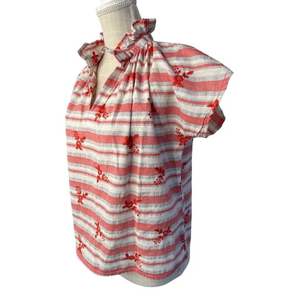 Never A Wallflower S Red & White Striped Embroidered Floral Cotton Top Ruffled C - Picture 2 of 8